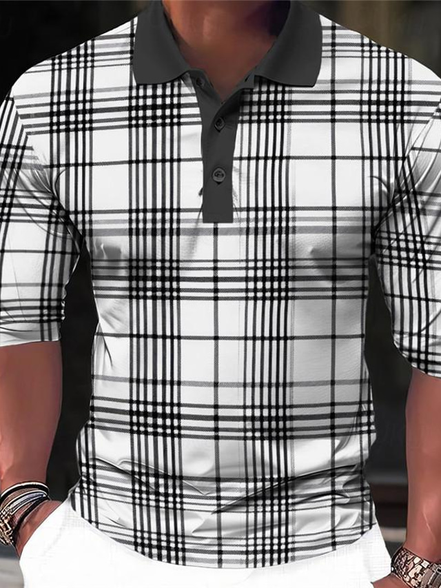  Plaid / Check Men's Subcultural 3D Print Polo Shirt Zip Polo Party Vacation Streetwear Pique Polo Shirt Long Sleeve Turndown Zip Polo Shirts White Green Spring & Summer S M L Micro-elastic Lapel Polo