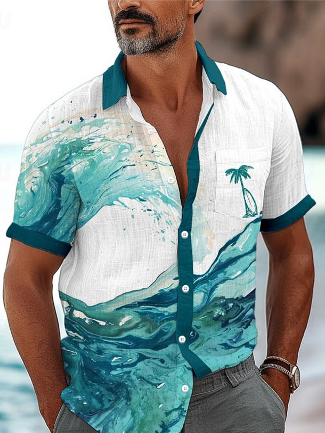  Waves Palm Tree Men's Resort Hawaiian 3D Printed Shirt Holiday Daily Wear Vacation Summer Turndown Short Sleeves Royal Blue Blue Purple S M L Polyester Shirt