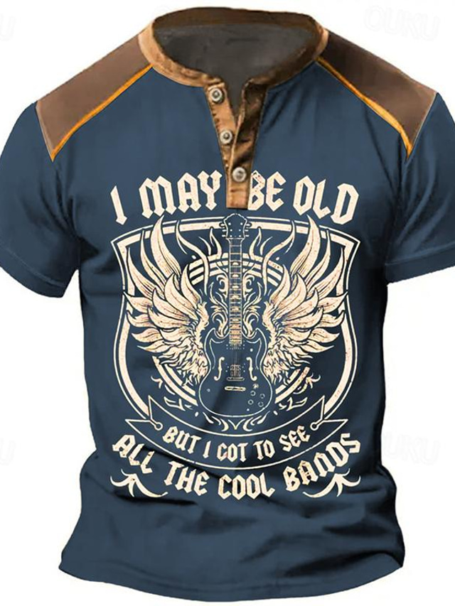  I May Be Old but I Got to See All the Cool Bands Men's Street Style 3D Print T shirt Tee Henley Shirt Sports Outdoor Holiday Going out T shirt Black Army Green Dark Blue Short Sleeve Henley Shirt