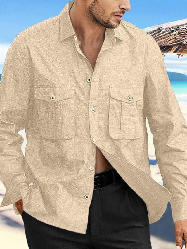  رجالي قميص كتان قميص زر حتى القميص قميص الشاطئ أسود أزرق البحرية أزرق كم طويل سهل Lapel للربيع والصيف مناسب للبس اليومي ستايل هاواي ملابس جيب