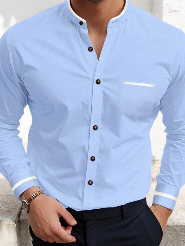  Men's Shirt Band Collar Shirt Dress Shirt Button Up Shirt White Navy Blue Gray Light Blue Long Sleeve Patchwork Standing Collar Spring & Summer Wedding Daily Clothing Apparel Front Pocket