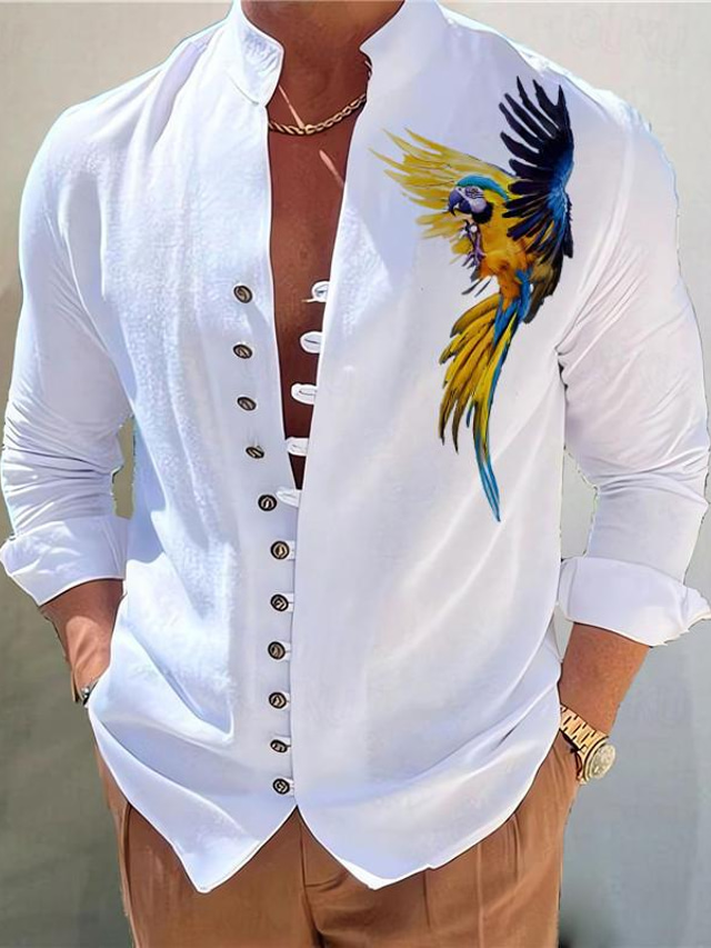  Parrot Men's Fashion Casual Graphic Cotton Shirt Daily Wear Vacation Going out Spring & Summer Standing Collar Long Sleeve White Pink Brown S M L Washable Cotton Fabric Shirt