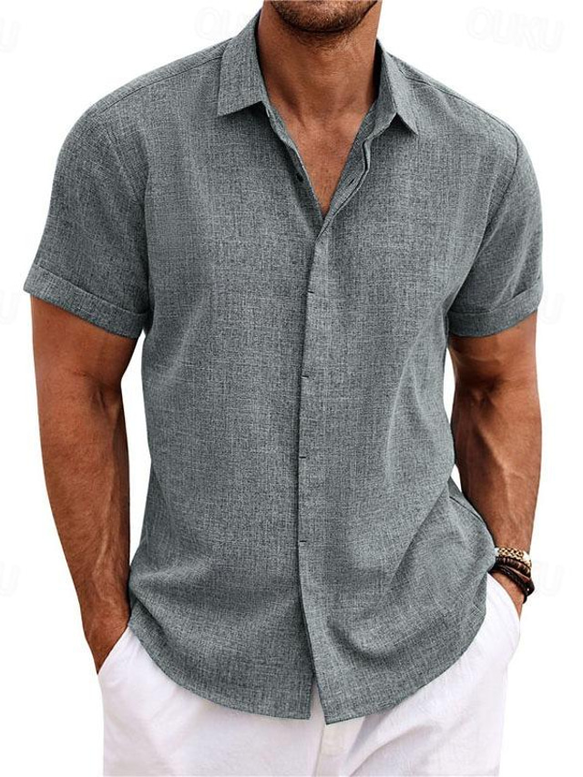  Homens Camisa Social camisa de linho Camisa casual camisa de verão camisa de praia camisa de botão Preto Branco Azul Manga Curta Tecido Lapela Verão Casual Diário Roupa