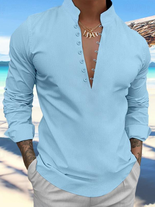  Voor heren linnen overhemd Overhemd Popover-shirt Strand hemd Zwart Wit blauw Lange mouw Effen Opstaand Lente zomer Casual Dagelijks Kleding