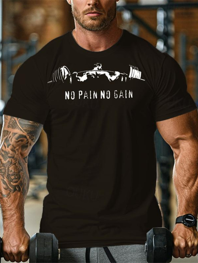  No Pain No Gain bedrucktes T-Shirt für Herren, grafisches Baumwoll-T-Shirt, sportliches klassisches Hemd, kurzärmlig, bequemes T-Shirt, Straße, Urlaub, Sommer, Modedesigner-Kleidung