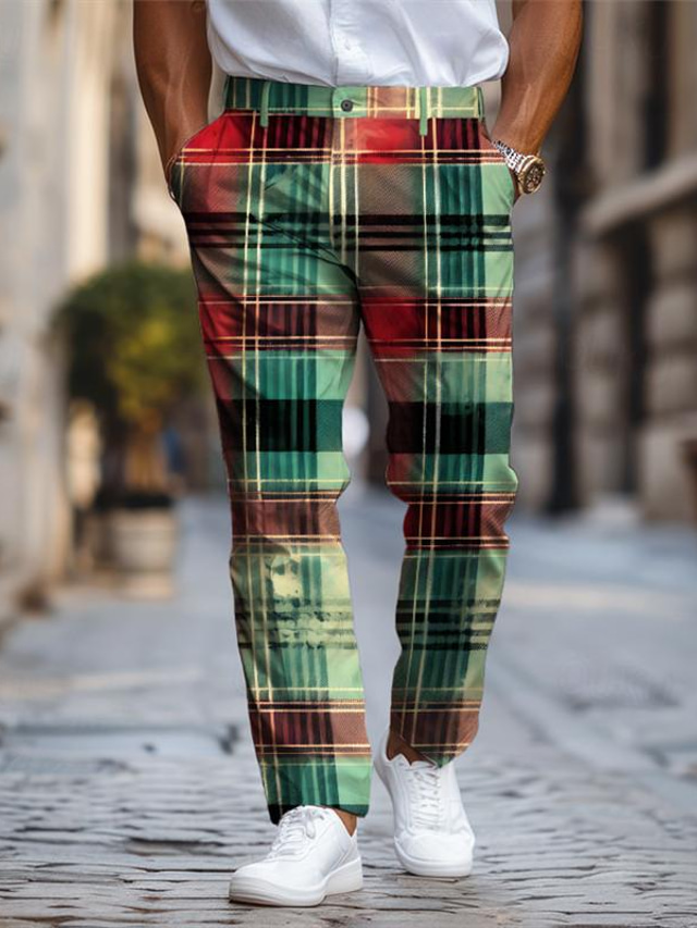  cuadros / cuadros negocios clásicos pantalones de vestir de negocios para hombres con estampado 3d frente plano pierna recta poliéster pantalones de cintura media ropa de calle al aire libre para