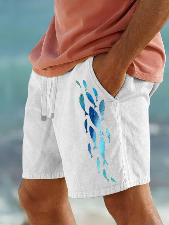  zvíře ryby potištěné pánské bavlněné šortky letní havajské šortky plážové šortky stahovací šňůrka elastický pas pohodlí prodyšné outdoorové oblečení na dovolenou