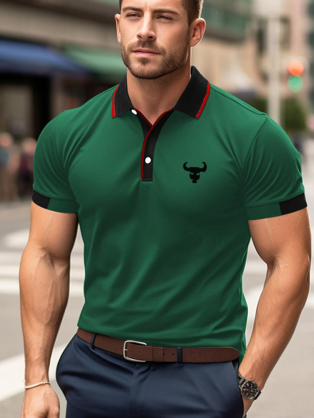  Men's Polo Shirt Button Up Polos Casual Sports Lapel Short Sleeve Fashion Basic Color Block Cow Patchwork Embroidered Summer Regular Fit Red Blue Green Polo Shirt