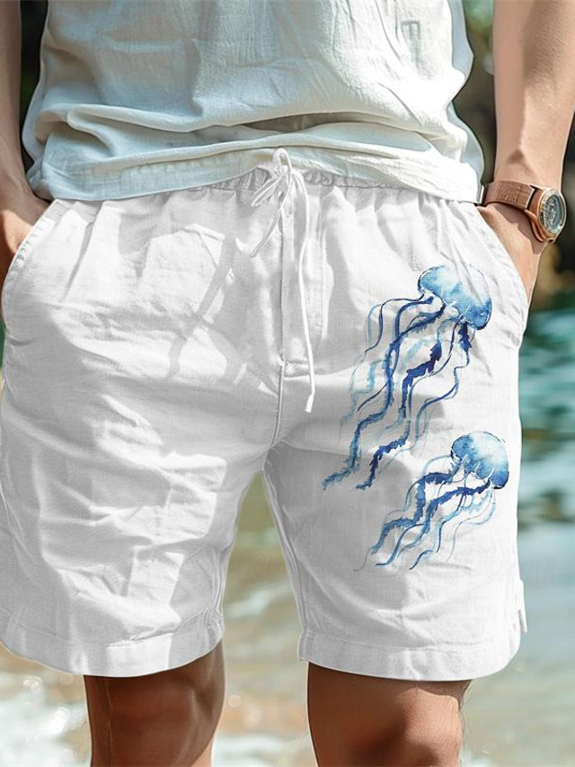  Men's Shorts Summer Shorts Beach Shorts Drawstring Elastic Waist Print Animal Ocean Comfort Breathable Short Outdoor Holiday Going out Cotton Blend Hawaiian Casual Black-White White & Blue