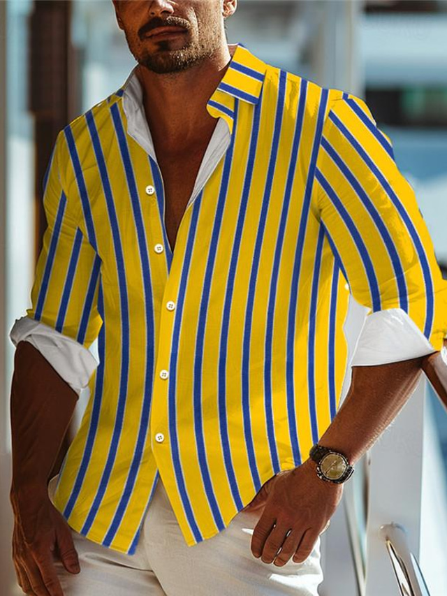 Stripe Men's Resort Hawaiian 3D Printed Shirt Street Vacation Beach Spring & Summer Turndown Long Sleeve Yellow S M L 4-Way Stretch Fabric Shirt