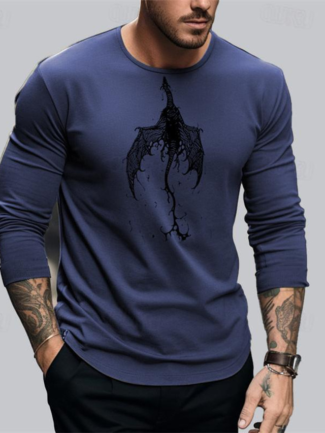  Drachenwächter x lu | Herren-T-Shirt mit goldenem Drachen, Fabelwesen, dunklem Stil, Streetwear, Baumwolle, lange Ärmel