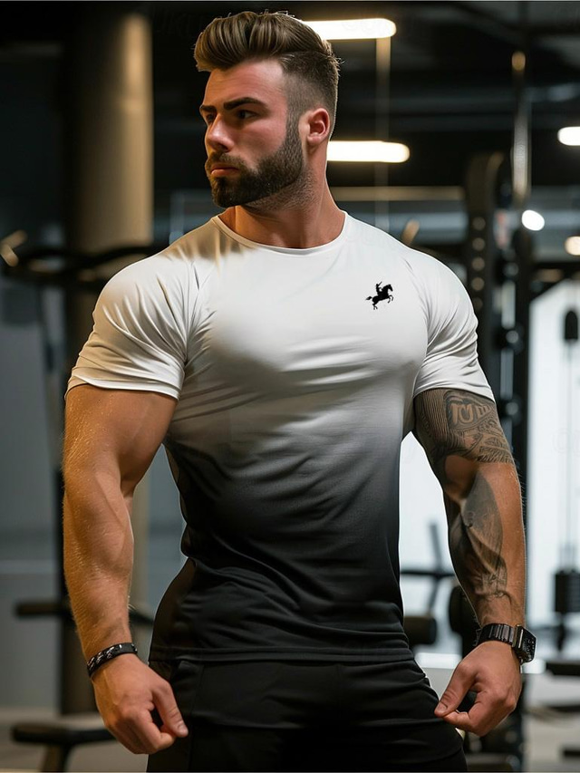  Herren T Shirt Sport-T-Shirt Rundhalsausschnitt Kurzarm Sport & Natur Urlaub Casual Fitnessstudio Schnell Trocknend Atmungsaktiv Farbverlauf Schwarz / Weiß Sportkleidung Modisch Basic