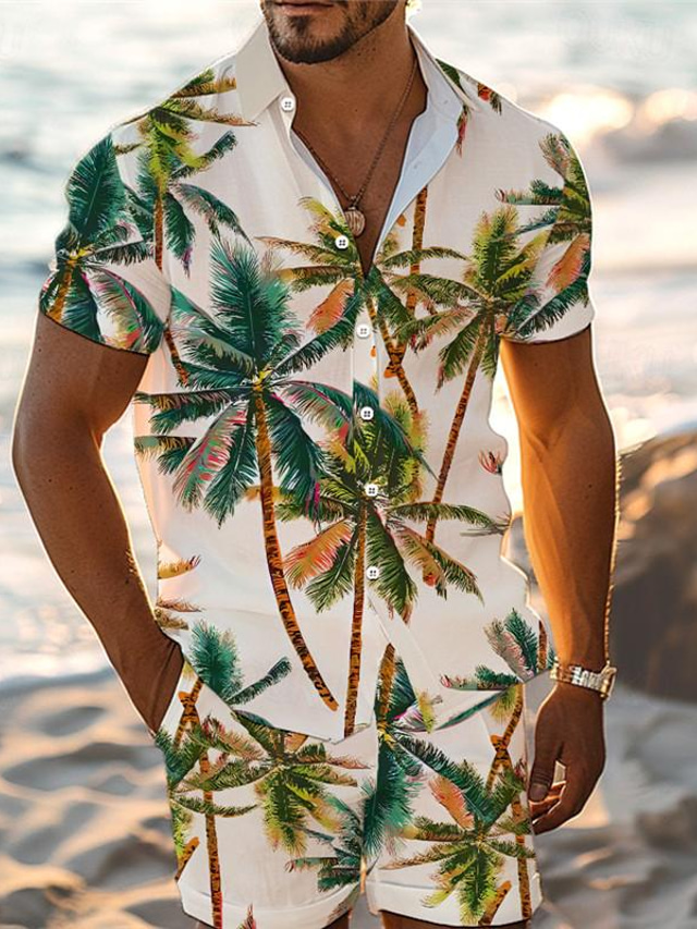  Tropisch Palmboom Vakantie Hawaii Voor heren Overhemdset Buiten Hawaii Feestdagen Zomer Alle seizoenen Strijkijzer Korte mouw Paars Groen S M L Overhemd