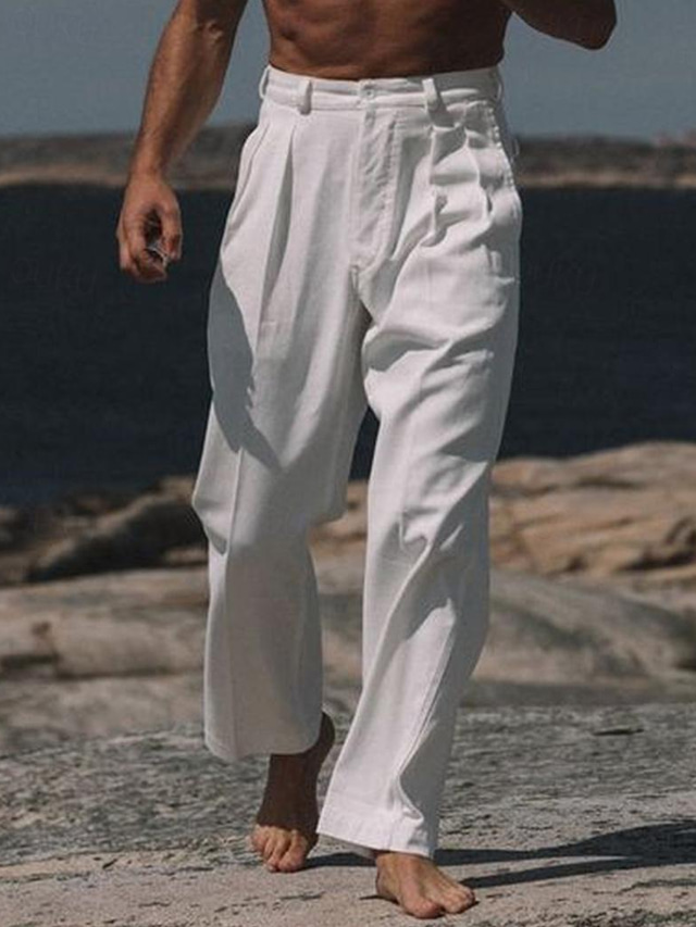  Ανδρικά Λευκά παντελόνια Παντελόνια Καλοκαίρι παντελόνι Κουμπί Μπροστινή τσέπη Ισιο πόδι Σκέτο Άνεση Αναπνέει Causal Καθημερινά Αργίες Μείγμα Λινό / Βαμβάκι Μοντέρνα Βασικό Λευκό Μπεζ