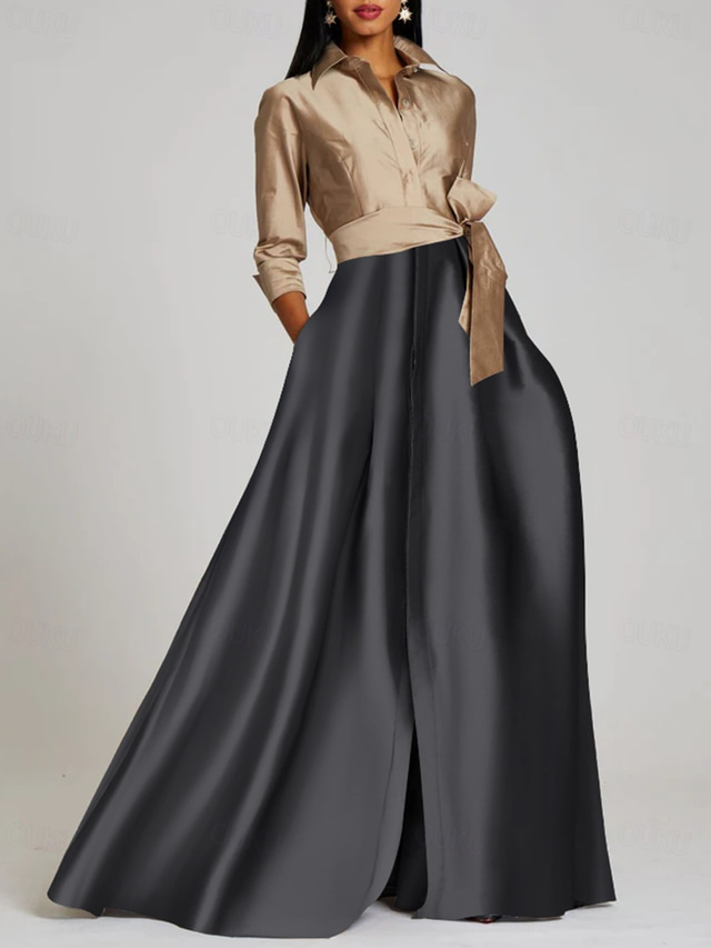  TS A-Line Evening Gown Elegant Dress Formal Floor Length 3/4 Length Sleeve Shirt Collar Satin with Slit Strappy 2025