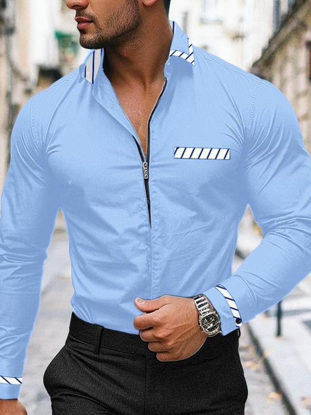  男性用 シャツ カジュアルシャツ サマーシャツ ホワイト ネイビーブルー ライトブルー 長袖 カラーブロック 縞柄 ラペル 日常 バケーション ジッパーを閉める 衣類 ファッション カジュアル スマートカジュアル