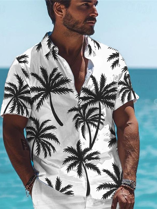  Palm Tree Men's Resort Hawaiian 3D Printed Shirt Outdoor Hawaiian Holiday Summer Turndown Short Sleeve Black Blue S M L Shirt