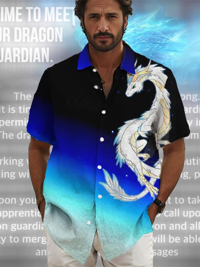  дракон-хранитель х Лу | Мужская рубашка в темном стиле с мифическими существами Dragon Loong и короткими рукавами