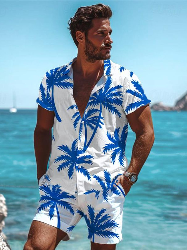  Palm Tree Men's Resort Hawaiian 3D Printed Shirt Outdoor Hawaiian Holiday Summer Turndown Short Sleeve Black Blue S M L Shirt