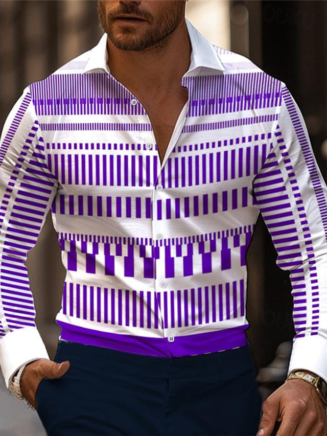  Raya Geometría Informal de negocios Hombre Camisas estampadas Calle Usar para trabajar Ropa Cotidiana Primavera verano Cuello Vuelto Manga Larga Azul Piscina, Morado S, M, L Tejido elástico en 4