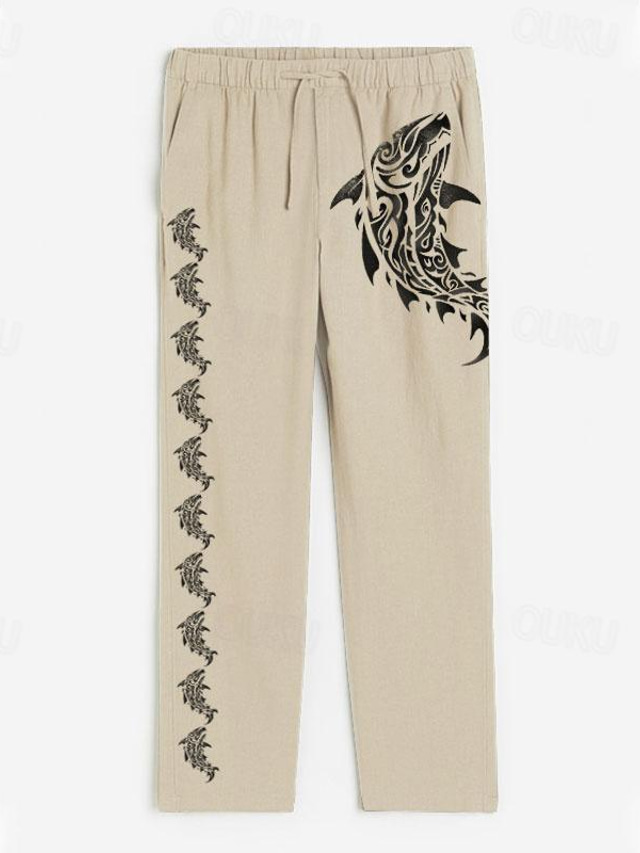  Carefree Interlude X Joshua Jo Men's Fish Printed Vacation Beach Cotton Linen Pants