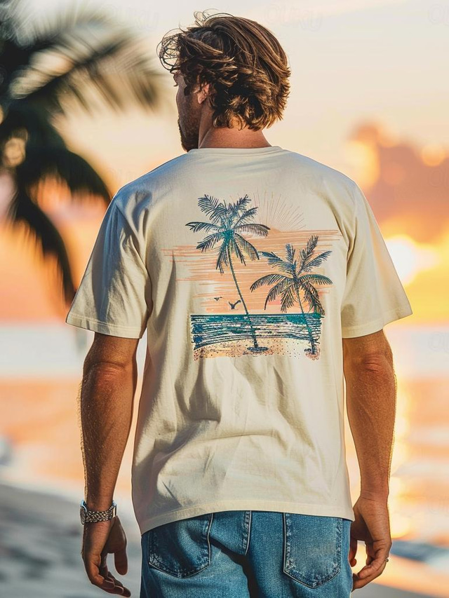  Herren-T-Shirt mit Grafik, Kokosnussbaum, 100 % Baumwolle, modisches Outdoor-T-Shirt, lässiges Street-Style-T-Shirt für den Alltag, beige, kurzärmliges Rundhals-Shirt, Frühlings- und Sommerkleidung