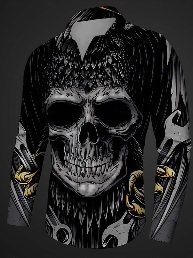  Owl Skull Bird Subcultural Men's Printed Shirts Party Street Vacation Spring & Summer Turndown Long Sleeve Black S, M, L 4-Way Stretch Fabric Shirt