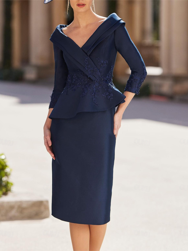  Sheath Mother of the Bride Dress Tuxedo Dress Formal Wedding Guest Elegant Vintage V Neck Tea Length Satin 3/4 Length Sleeve with Appliques Derby Dress Race Day Dress 2025 free custom size