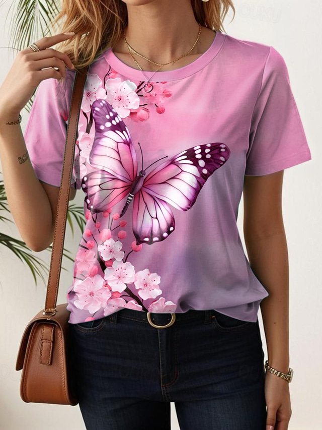  Women's T Shirt Floral Casual Short Sleeve Round Neck Regular Tops Daily Print Pink Summer