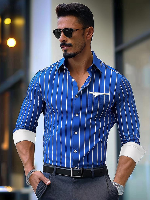  Voor heren Overhemd Overhemd met knopen Normaal shirt Zomer overhemd Blauw Lange mouw Gestreept Revers Dagelijks Vakantie Voorvak Kleding Modieus Casual Comfortabel