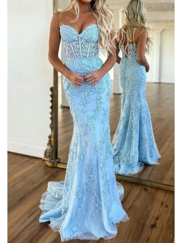  TS Mermaid Prom Dresses Glittering Dress Evening Party Sweep / Brush Train Sleeveless Strapless Lace Backless with Appliques 2024