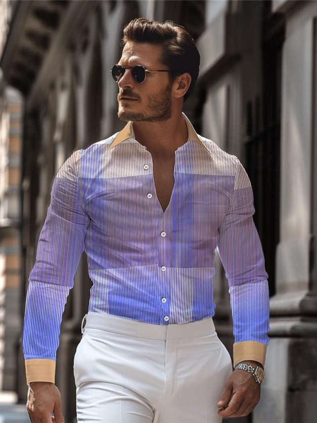  Plaid / Check Men's Business Casual 3D Printed Shirt Street Wear to work Daily Wear Spring & Summer Turndown Long Sleeve Purple S M L 4-Way Stretch Fabric Shirt