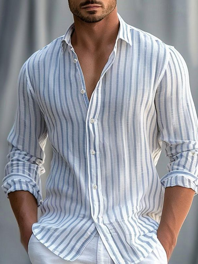  Stripe Men's Business Casual 3D Printed Shirt Street Wear to work Daily Wear Spring & Summer Turndown Long Sleeve Blue Green Light Grey S M L Polyester Shirt