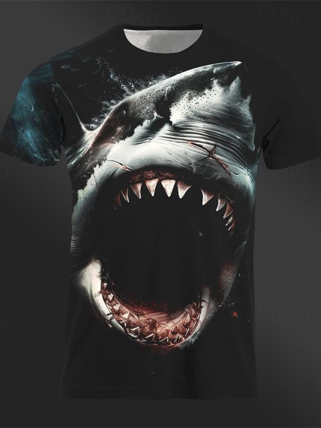  Gráfico Animal Tubarão Diário Designer Retro Vintage Homens Impressão 3D Camiseta T-shirt Esportes Feriado Para Noite Camiseta Preto Preta & Cinzento Manga Curta Gola Redonda Camisa Primavera Verão