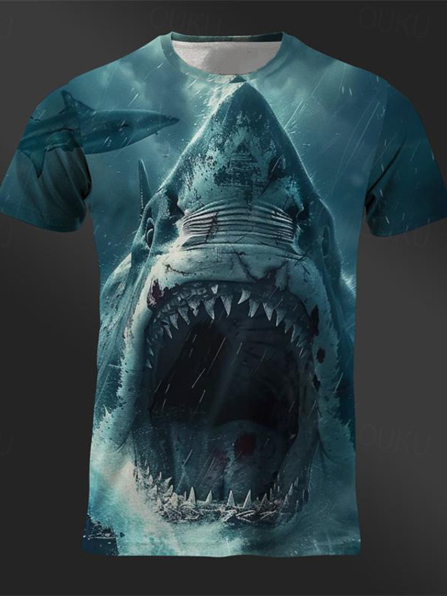  Voor heren Grafisch dier Haai T-shirt Korte mouw T-shirt 3D-afdrukken Strakke ronde hals Overhemd Dagelijks Ontwerper Retro vintage Buitensporten Feestdagen Uitgaan Koningsblauw blauw Bruin Lente