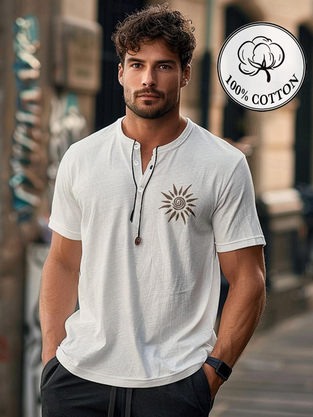 Men's Graphic T shirt Sun Fashion Outdoor Casual  Tee Henley Shirt Tee Top Street Casual Daily T shirt White Short Sleeve Henley Shirt Spring & Summer Clothing Apparel