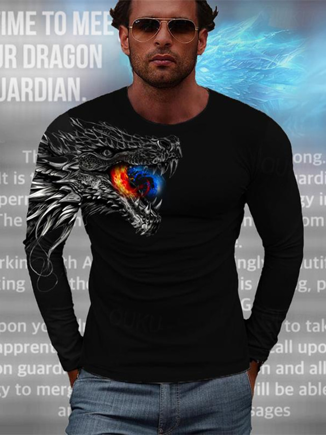 Dragon Guardian x LU | Men's Dragon Loong Mythical Creature Dark Style Streetwear T Shirt Long Sleeves