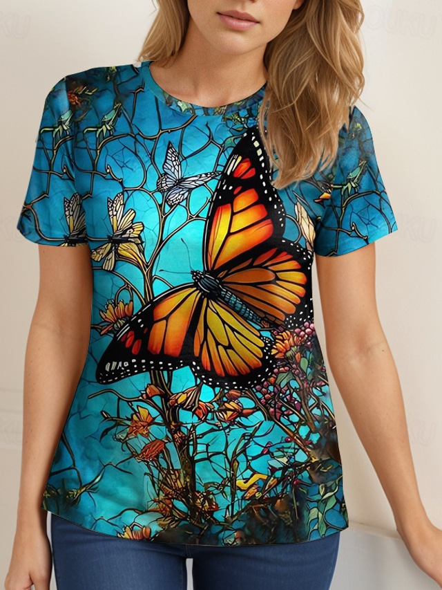 Women's T shirt Round Neck Stained Glass Hummingbird Print Short Sleeve Fitted Top Artistic Vibrant Casual Summer Wear Comfortable Fashion Clothing Apparel