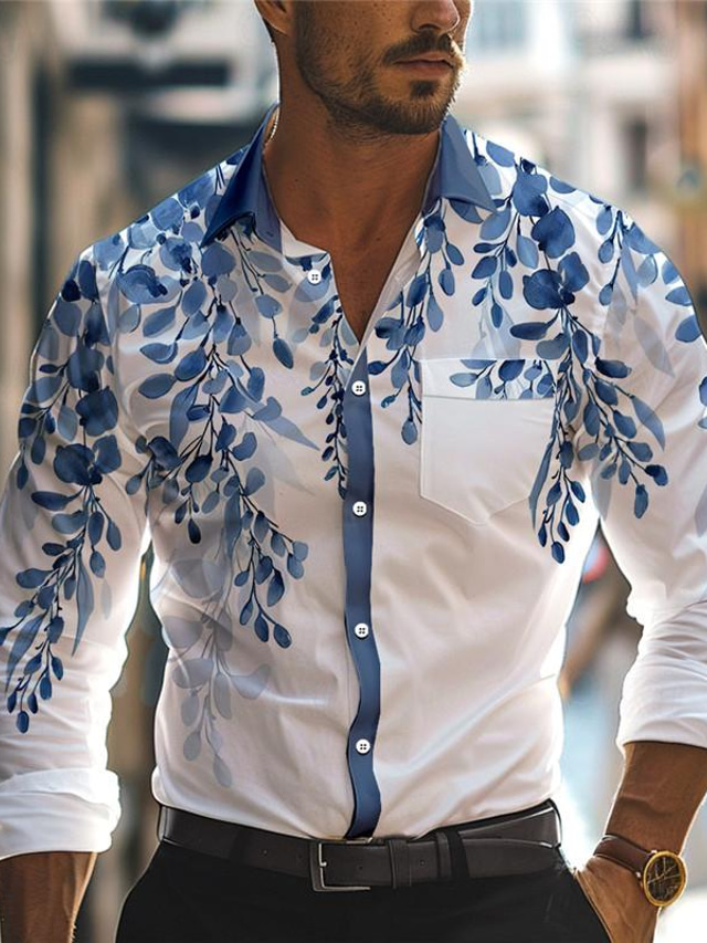  ورق عمل يومي رجالي قمصان مطبوعة ارتداء للعمل مناسب للبس اليومي ملابس الشارع للربيع والصيف طوي كم طويل أصفر, أزرق S, M, L 4-طريقة سترتش النسيج قميص