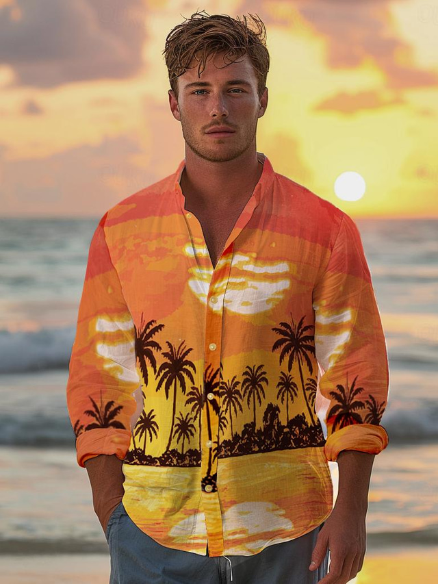  ανδρικά εμπριμέ πουκάμισα δέντρο καρύδας Χαβάης θέρετρο πουκάμισο με κουμπιά επάνω πουκάμισο καθημερινά ρούχα διακοπές παραλία άνοιξη & καλοκαίρι πέτο μακρυμάνικο πορτοκαλί βαμβακερό πουκάμισο