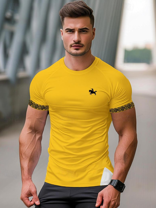  Men's T shirt Tee Gym Shirt Sports T-Shirt Crew Neck Short Sleeve Sports & Outdoor Vacation Casual Daily Gym Quick dry Breathable Patchwork Color Block Black Yellow Activewear Fashion Basic