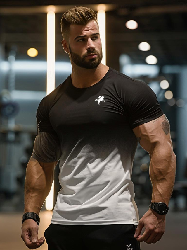  Men's T shirt Tee Sports T-Shirt Crew Neck Short Sleeve Sports & Outdoor Vacation Casual Daily Gym Quick dry Breathable Gradient Black / White White Activewear Fashion Basic