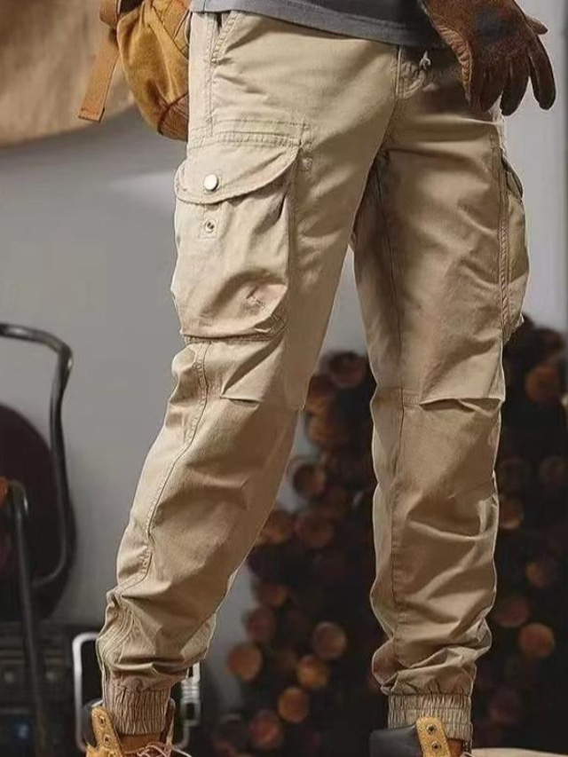  男性用 カーゴパンツ ズボン キャロットパンツ ドローストリング マルチポケット 純色 履き心地よい ソフト 全長 カジュアル 日常 ファッション ストリートファッション カーキ色 マイクロエラスティック