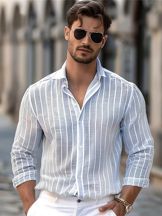  Stripe Men's Business Casual 3D Printed Shirt Street Wear to work Daily Wear Spring & Summer Turndown Long Sleeve Blue Green Light Grey S M L Polyester Shirt