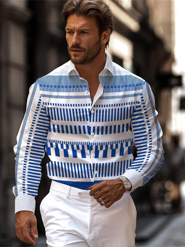  Stripe Geometry Men's Business Casual 3D Printed Shirt Street Wear to work Daily Wear Spring & Summer Turndown Long Sleeve Blue Purple S M L 4-Way Stretch Fabric Shirt