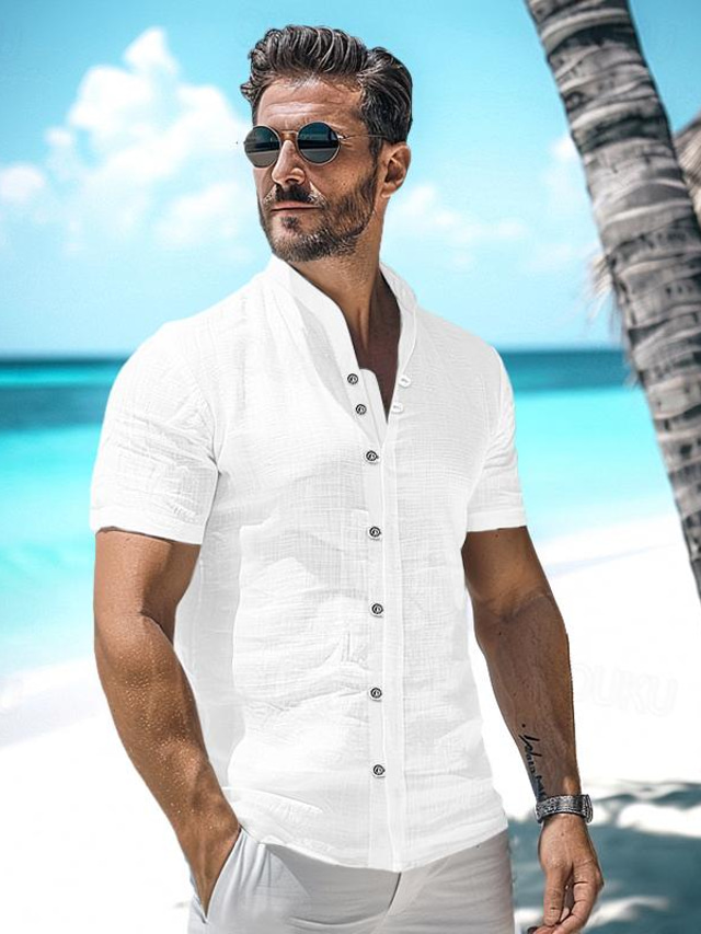  Men's Shirt Linen Shirt Summer Shirt Beach Wear Button Up Shirt Black White Blue Beige Short Sleeve Plain Stand Collar Summer Casual Daily Clothing Apparel