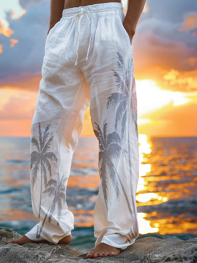  Men's Linen Pants Trousers Summer Pants Beach Pants Drawstring Elastic Waist Print Coconut Tree Comfort Daily Vacation Beach 20% Linen Vacation Fashion White Green