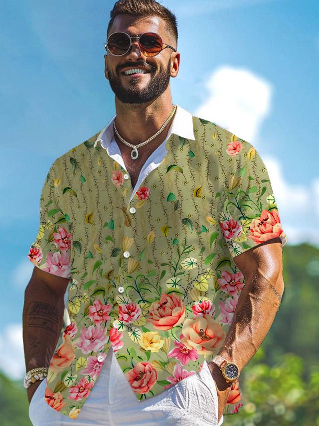  Floral Resort Men's Shirt Outdoor Street Casual Summer Spring Turndown Short Sleeves Yellow, Fuchsia, Green S, M, L 4-Way Stretch Fabric Shirt