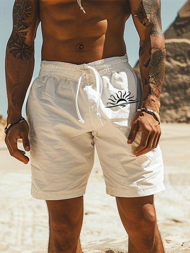  Sun impresso shorts de algodão masculino shorts havaianos praia shorts cordão elástico na cintura conforto respirável curto ao ar livre férias wear