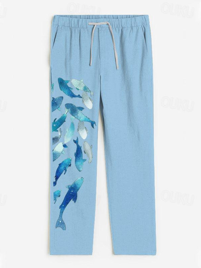  Men's Animal Dolphin Linen Pants Pants Trousers Baggy Pants Medium Waist Vacation Hawaiian Outdoor Hawaiian Holiday Elastic Drawstring Design Spring & Summer White Blue Dark Blue